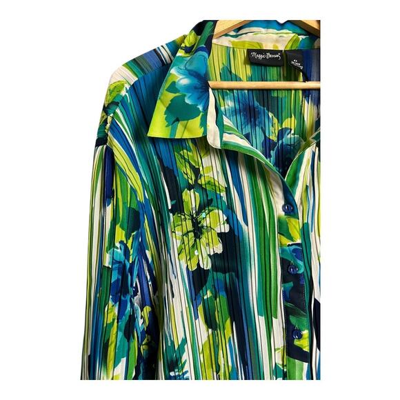 Maggie Barnes Blouse Women's 4X Green Blue Floral Print Pleated Long Sleeve Top - Picture 2 of 6